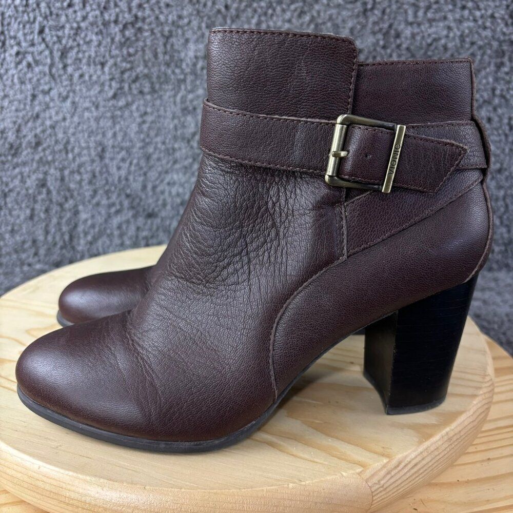 Vionic Ankle Boots Womens Size 8.5 Alison Brown Leather Buckle Block Heel Bootie